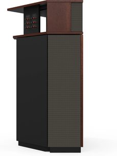 Колонка Klipsch Khorn AK7 Auburn з обробкою дерева у коричневих та чорних тонах, частковий бічний вид із задньою панелью підключення