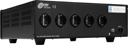 Torus Power RM 8 CE strømrenser svart med 4 runde uttak, en strøminngang, sidegitter og påskrifter
