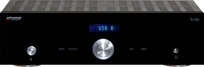 Sort Advance Paris X-i105 stereo hi-fi-forstærker, frontpanel med blå "USB B"-skærm, sølvfarvede knapper og hovedtelefonstik