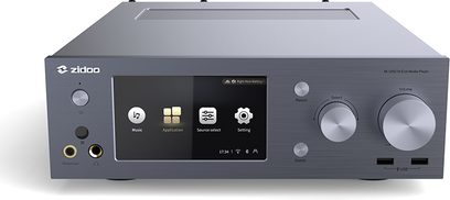 Zidoo NEO X grå multimedieboks, frontpanel med skærm, knapper, USB- og HDMI-porte, to justeringsknapper