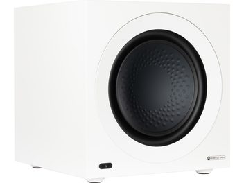 Subwoofer Monitor Audio Anthra W12 en blanco satinado, cilíndrico, altavoz negro de panal, vista frontal