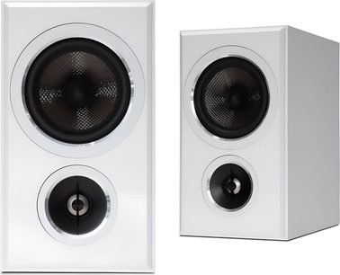 Caixas de estante PSB Imagine B50 brancas laqueadas, 2 vias com woofer tecido e tweeter anular, vistas frontal e 3/4