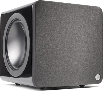 Cambridge Audio Minx X201 sort subwoofer i sort, set forfra, kompakt kubisk form, mat sort tekstureret finish, cirkulær højttaler, sort perforeret metalgitter, rundt hvidt logo, tubulær bass-reflex-port på siden