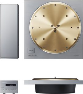 Technics SP-10R hi-fi pladespiller, sølvfarvet aluminiumschassis, guldfarvet pladetal, med separat strømforsyning og controller