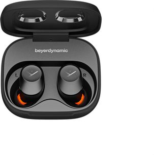 Căști intraauriculare Beyerdynamic Amiron 300 negre într-o carcasă deschisă neagră, cu căști marcate L și R, accente portocalii