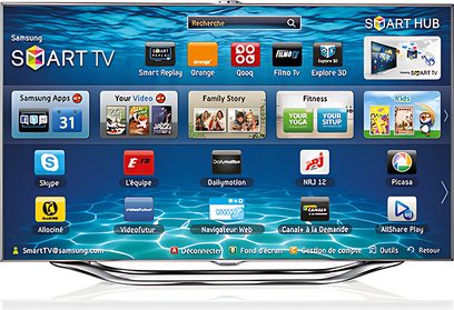 Brugergrænseflade på den tilsluttede Samsung Smart TV UE65ES8000 som viser apps og tjenester