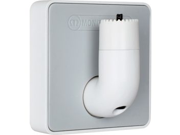 Suport de boxă mural alb V-MOUNT de la Monitor Audio, din plastic, cu cârlig de fixare, văzut din față pe fundal gri