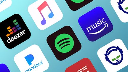 Digital illustration of multicolored music app icons with rounded corners on a blue-green gradient background