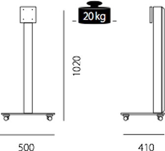 TV-møbel på hjul med fladskærmsbeslag, 2 hylder, 1020 mm bred, 500 mm dyb, 410 mm høj