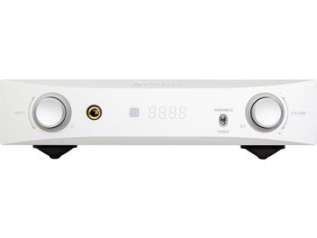 Preamplificatore stereo Nuprime PRA-9X argento, pannello frontale con manopole rotanti, display digitale, connettori e logo