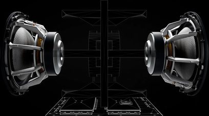 Bowers & Wilkins DB3D sort lakeret subwoofer, eksploderet visning der viser højttalere, intern struktur og kanaler
