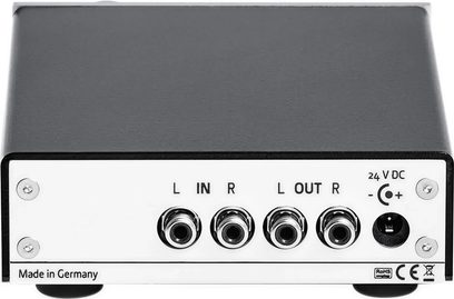 Lehmann Audio Drachenfels sølv hodetelefonforforsterker, frontvisning, 4 x 6,35 mm jackutganger, 2 potmetre, bryter, LED-indikator