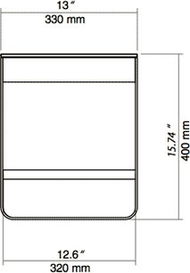 Norstone Design Maya audio-videomøbel, teknisk diagram med dimensioner i millimeter, front- og sidevue