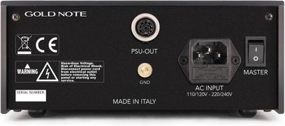 Gold Note PSU-OUT külön tápegység, hátsó panel, PSU-OUT és GND csatlakozók, AC 110/120V - 220/240V bemenet, made in Italy