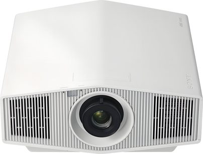 Sony VPL-XW5000ES witte videoprojecteur, vooraanzicht, gecentraliseerde lens, zijdelingse ventilatieopeningen, afgeronde trapeziumvorm
