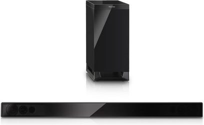 Panasonic SC-HTB520 sort soundbar, set forfra og fra siden, med rektangulær, blanklakeret sort subwoofer