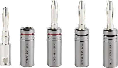 Čtyři stříbrné 6,35mm jack audio konektory (samec) různých velikostí, označené „Triangle“ od T1 do T4