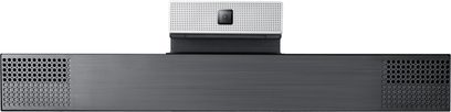 Barre de son noire Samsung STC1100 caméra Skype, vue de face, grille métallique sur le dessus, caméra intégrée au centre