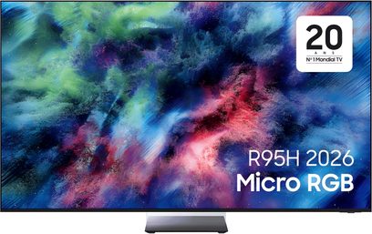 Televisore Samsung R95H 2026 a schermo piatto nero su supporto centrale, visualizzazione astratta blu, verde e rosa