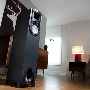 Klipsch Synergy F-10 black floorstanding speaker, angled front view, with visible speaker driver and white deer pattern