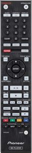 Sort Pioneer fjernbetjening med numeriske taster, navigations- og kontrolknapper til 4K Blu-ray-afspilleren UDP-LX800, set forfra