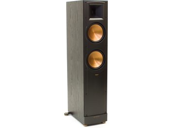 Reprosoustava Klipsch RF-82 MkII černá, pohled zepředu, dva kulaté zlaté reproduktory, svislá tmavě dřevěná skříň