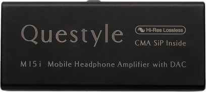 Hi-Fi-kuuloke-esivahvistin M15i, etunäkymä, musta suorakaiteen muotoinen kotelo, kultaiset merkinnät, Hi-Res Lossless -logo näkyvissä