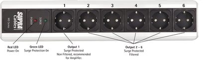 Multipresa Supra MainBlock MD06-EU/SP MK3 6 prese con interruttore, spie LED rosse e verdi, uscite non filtrate e filtrate
