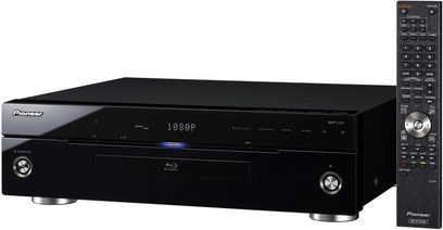 Pioneer BDP-LX71 sort Blu-ray-afspiller, set forfra, blank front med blåt display, knapper og diskskuffe