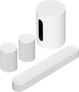 Barra de som Sonos Pack Beam (Gen 2) branca com 2 caixas de som Era 100 e um subwoofer Sub mini, vista frontal