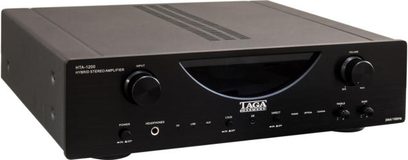 Hi-fi lampový zesilovač Taga Harmony HTA-1200 černý, pohled zepředu, čelní panel v černé barvě se stříbrnými tlačítky a konektory
