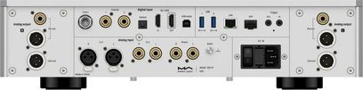Matrix Audio MS‑1 PRE argento in alluminio, vista posteriore, pannello completo dotato di uscite analogiche XLR bilanciate, molteplici ingressi digitali (BNC 10 MHz, coassiale, ottico, HDMI I²S, USB‑B), porte USB‑A, LAN RJ45, SFP, ingressi analogici XLR e RCA, morsetto di massa, doppio jack trigger e presa di alimentazione IEC