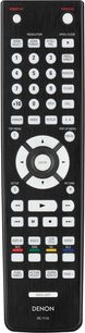 Schwarze Denon RC-1115 Fernbedienung mit weißen und grauen Tasten, Vorderansicht