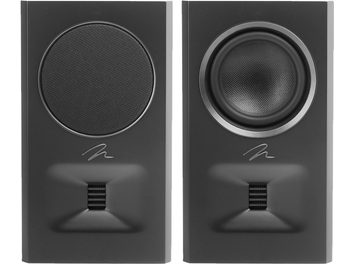 Enceinte arrière MartinLogan Motion MP10 noir laqué avec deux unités rectangulaires, une avec grille circulaire, l'autre sans grille.