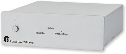 Pro-Ject Power Box S3 Phono external power supply, silver, rectangular housing with front button, three-quarter view