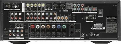 Harman Kardon AVR-260 home theater receiver, rear view, numerous analog and digital audio/video inputs and outputs, comprehensive connectivity