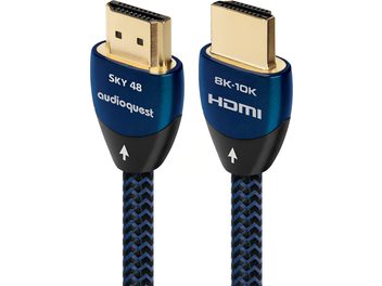 Two AudioQuest Sky 48 HDMI connectors in close-up, metallic blue shells, gold-plated plugs, blue-black braided sleeve, arrows