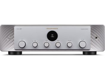 Сріблястий інтегрований стерео hi-fi підсилювач Marantz Model 30, вигляд спереду, 6 обертових ручок, центральний LCD-дисплей із показом "-30.0 dB"