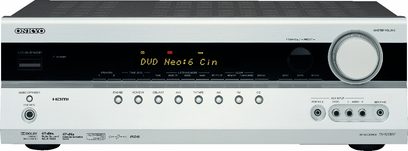 Onkyo TX-SR307 hjemmekinoforsterker sett forfra, svart frontpanel med knapper, rattspake, display og hodetelefonutgang