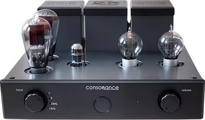 Preamplificatore stereo Consonance Linear 1 25th Anniversary, vista frontale, 5 valvole, 3 manopole, ingressi e uscite sul retro
