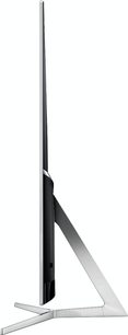 Samsung UE75KS8000 fladskærms-TV set fra siden, flad skærm, sølvfarvet metalramme og -fod, slank og tynd design