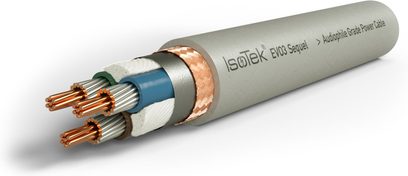 Síťový napájecí kabel IsoTek EVO3 Sequel 2m, šedý, měděné konektory, bílý opletený plášť, pohled z boku