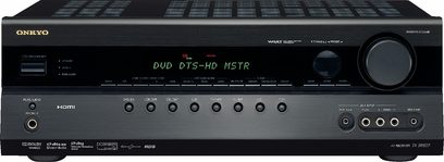 Onkyo TX-SR507 schwarzer Heimkino-Verstärker, Frontansicht, LED-Anzeige, Bedienknöpfe und -Regler
