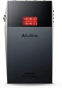 Lettore portatile audiophile SP3000T, vista posteriore, custodia rettangolare, schermo rosso luminoso, iscrizioni "A&ultima" e "Astell&Kern"