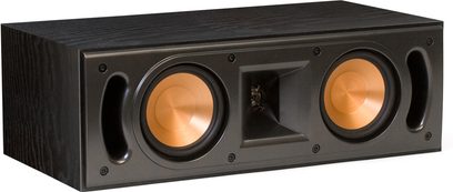 Sort Klipsch RC-42 MkII centerkanal med to mellemtone-højtalere og en diskant i en træindfatning