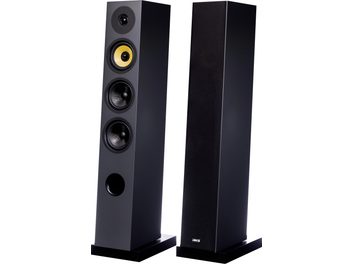Gulvhøyttaler Davis Acoustics Courbet nr. 5 grå, sett forfra og i trekvart vinkel, 4 sirkulære høyttalerelementer, rund bassrefleksport, rektangulær sokkel