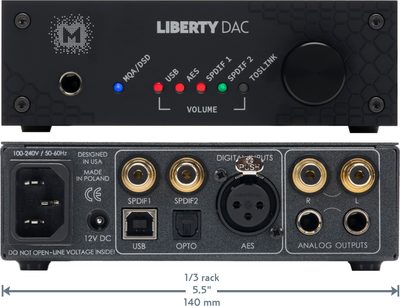 Mytek Liberty Dac juodas garso DAC keitiklis, priekinis vaizdas su mygtukais ir LED, galinis vaizdas su garso ir USB jungtimis