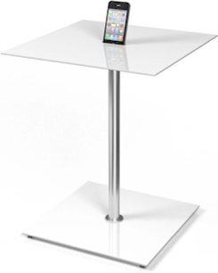 Spectral Cockpit CP01 sofabord i glas med centralt metalben, integreret smartphoneholder på bordpladen