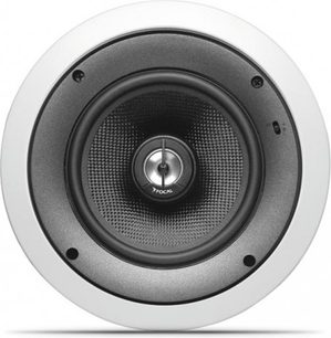 Głośnik instalacyjny Focal Custom IC 106-T Biały, widok z przodu, okrągła metalowa maskownica z centralnym logo