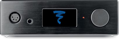 Sort Focal Arche hovedtelefon-forstærker med blå OLED-skærm, der viser logo, drejeknap, knap, XLR- og jackstik på forsiden